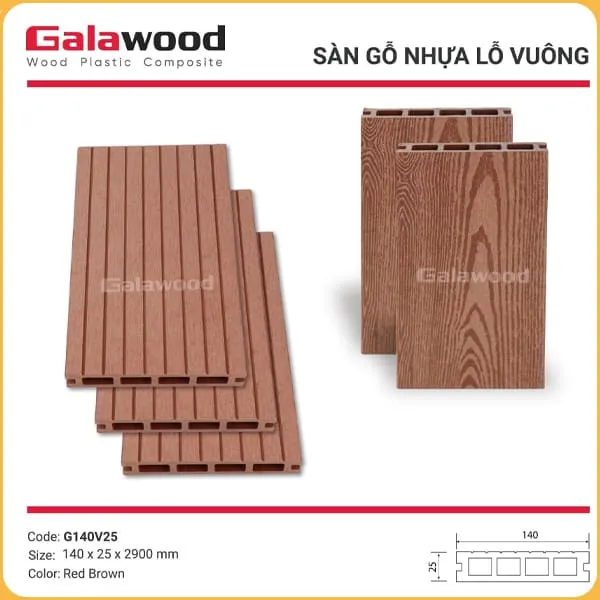Sàn Gỗ Nhựa Ngoài Trời Galawood Lỗ Vuông G140V25